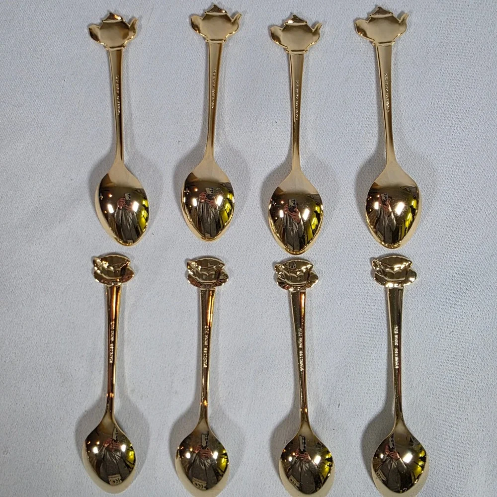 Vintage HIC Japan Gold-tone Stainless Teapot Teacup Demitasse Spoons Set of 8